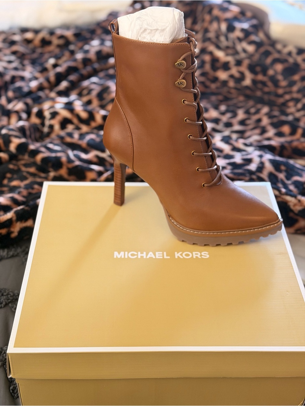 Michael Kors Cognac Leather Lace-Up Stiletto Bootie